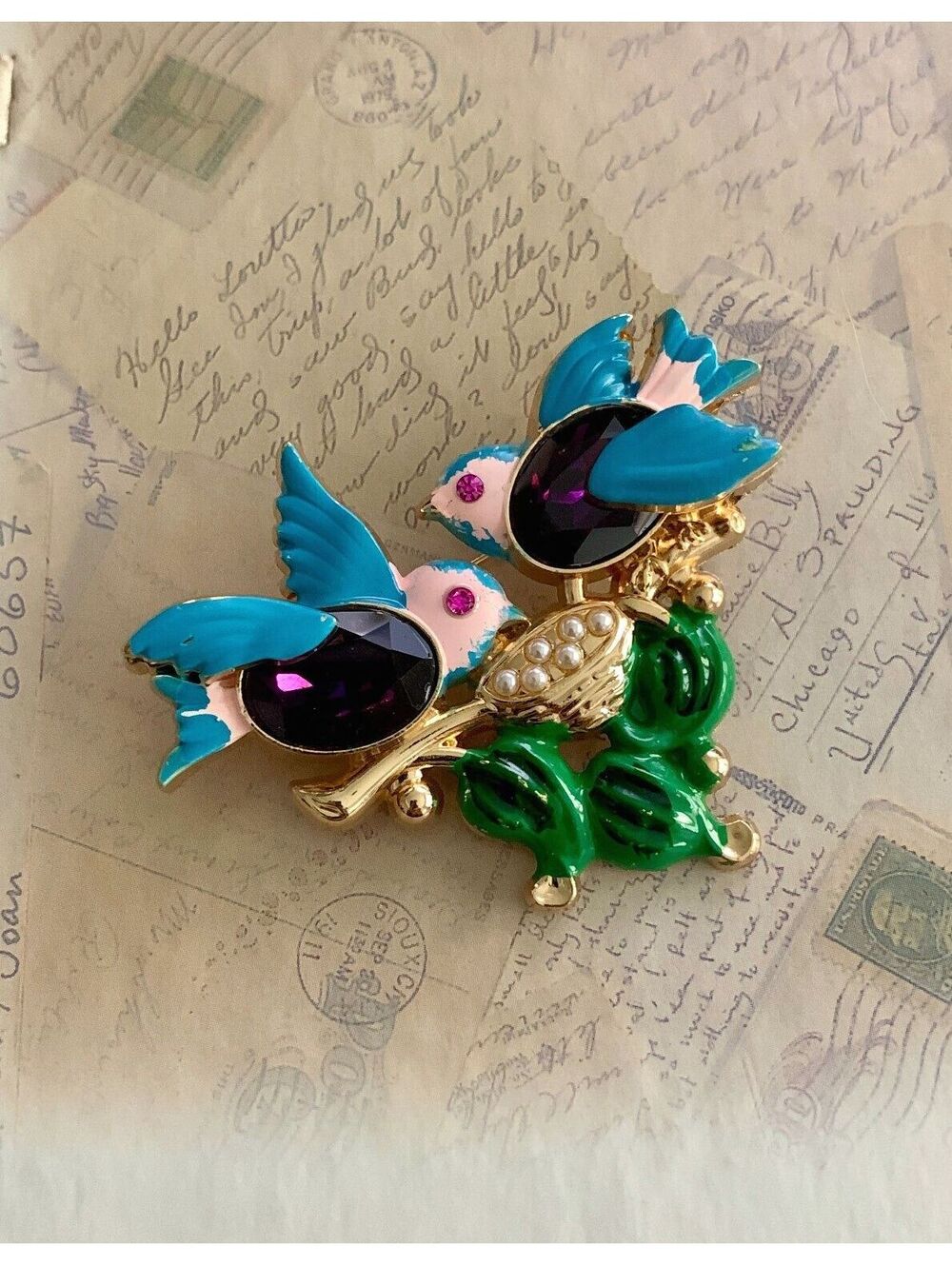 Colorful Bluebird Brooch with Sparkly Purple Gems & Pearls
